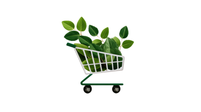 Eco-Friendly Shopping: A shopping cart brimming with fresh green leaves, symbolizing sustainable choices and a commitment to eco-conscious consumerism.