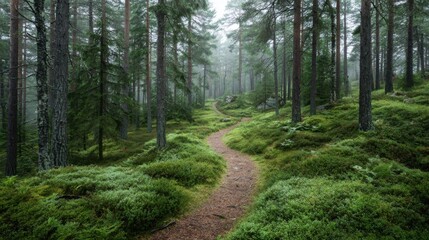 Obraz premium A forest path is shown in the image, with trees and bushes lining the way. The path is surrounded by a lush green forest, giving the impression of a peaceful and serene environment