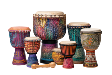 Colorful hand-crafted drums, various sizes and designs