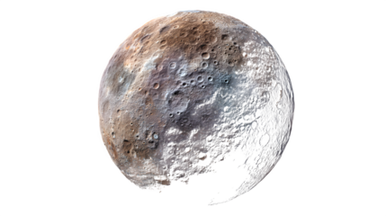 Ceres with shadowed craters and salt deposits, realistic surface texture, isolated on transparent background