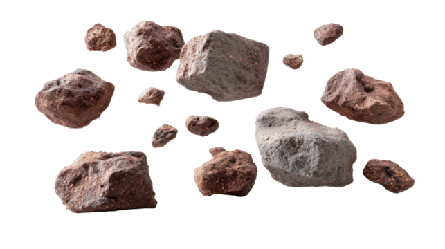 Floating Stone Collection: A cluster of various textured stones, each uniquely shaped, seem to float against an undefined background, offering a visual exploration of natural textures and shapes.