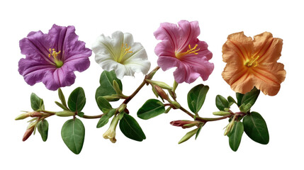 Fototapeta premium Vibrant Blooms Array: A meticulously captured collection of blossoms in a row, revealing the delicate intricacies of their petals, leaves, and stem, embodying nature's elegance.