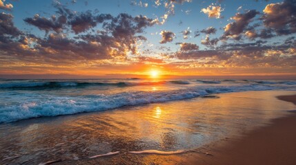 The sun is setting over the ocean, casting a warm glow on the water. The sky is filled with clouds, creating a serene and peaceful atmosphere. The waves gently lap against the shore