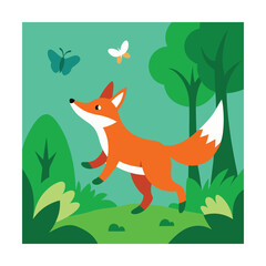 Obraz premium Fox walking in a forest with butterflies animal wildlife