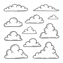 Simple hand drawn cloud doodle collection isolated on white background