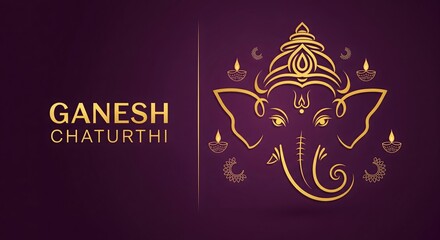 Elegant Ganesh Chaturthi festival greeting design with golden outline of Lord Ganesha, diya lamps, and decorative elements on purple background symbolizing devotion, tradition, and festive celebration