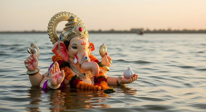 Ganpati idol partially immersed in water during Ganesh Visarjan at sunset, symbolizing farewell to Lord Ganesha with devotion, faith, and cultural tradition of Ganesh Chaturthi festival in India