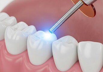 3d illustration of dental procedure showing a tooth being filled with composite resin and cured with a blue light for restoration