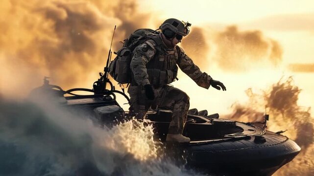 Marine Soldier landing on beach from hovercraft 4K Videos