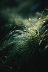 Close-up of delicate green grasses in a shaded environment