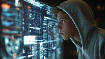 A boy is looking at a computer screen with a hoodie on. The screen is filled with various lines and numbers, and the boy appears to be focused on it. Concept of curiosity and concentration