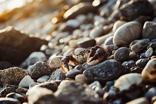 Hermit Crab Crawling on Wet Rocky Beach
 - Powered by Adobe