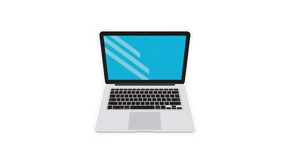 Modern silver laptop computer with a bright blue screen displaying horizontal lines on a white background