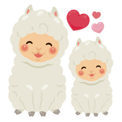 お座りした笑顔のアルパカの親子イラスト