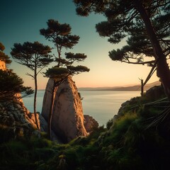 Sunset Over Coastal Cliffs with Trees and Ocean Horizon View
