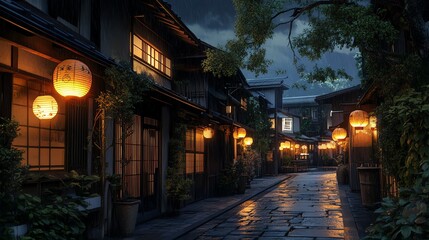 Fototapeta premium Explore the enchanting streets of Kyoto, where traditional machiya townhouses and glowing paper lanterns create a magical night scene.