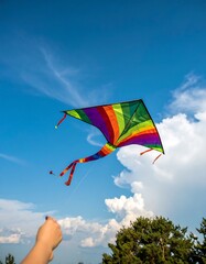 Colorful kite soaring in a vibrant blue sky