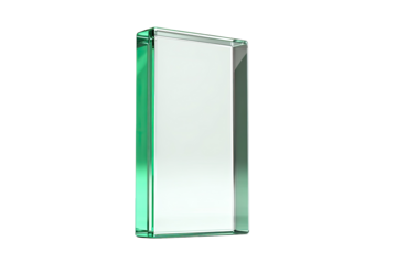 Rectangular, translucent glass container.  Empty, white interior.  Emerald green frame.  3D rendering