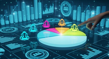 3d, Futuristic Business Analytics Dashboard with Pie Chart and Colorful Group Icons – Big Data Visualization
