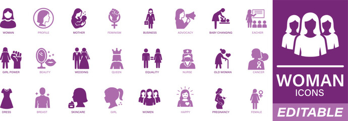 woman icon set with female, girl, healthcare, mother, queen, beauty, dress, and feminism. solid vector icons for business, education, and lifestyle.