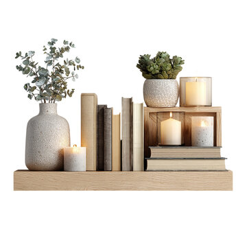 Floating wall shelf with books and candles - isolated white background 