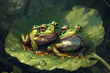 Two green frogs sitting on a lily pad with water droplets.