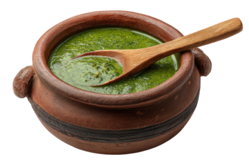 Earthenware bowl brimming with vibrant green sauce, a wooden spoon resting atop