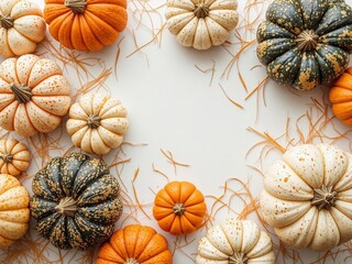 Autumn Harvest Pumpkins on Straw Background