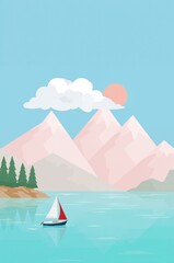 Serene sailboat glides across calm lake, nestled amidst picturesque pastel mountains under a tranquil sky.
