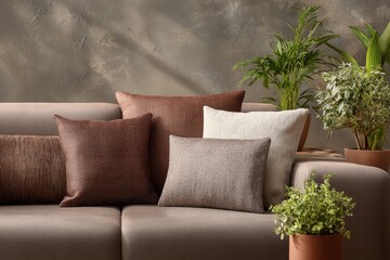 Stylish sofa with various throw pillows and plants