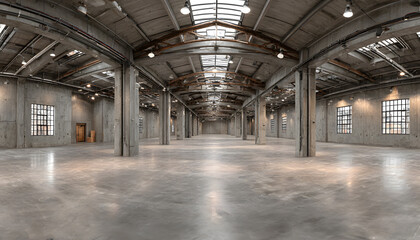 Empty industrial warehouse interior. 360 panoramic view of large, open space with concrete floor. Bright spotlights illuminate ceiling. Ideal background for product placement, event, exhibition,