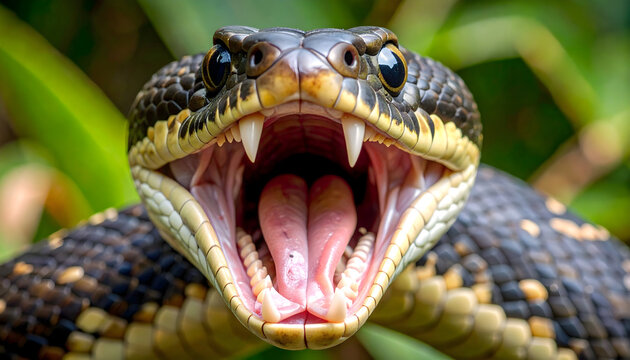 Close Up Portrait Of A Venomous Snake Displaying Its Fangs And Open Mouth Against A Blurred Green Background