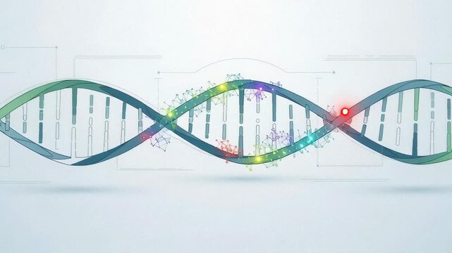 DNA helix animation with genetic mutation analysis. Gene expression visualization for genomics transcriptome molecular biology.