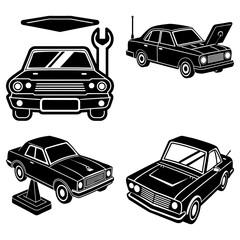Obraz premium Illustration of four classic cars with a wrench and a car lift in black and white style art