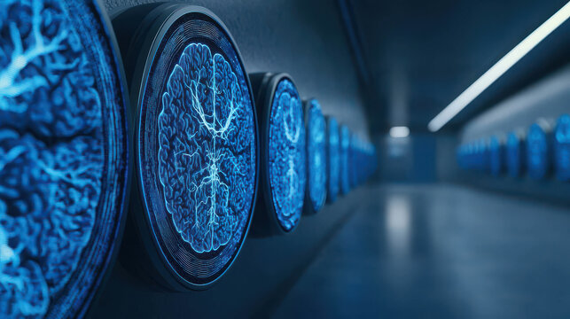 Futuristic corridor with glowing brain images on walls, representing advanced technology and neuroscience concepts in a modern setting