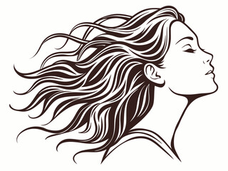 Elegant Vector Silhouette of a Woman’s Head – Long Wavy Hair in Flowing Profile