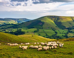 Fototapeta premium Peaceful countryside hills with grazing sheep under cloudy skies.