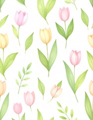 Watercolor Pastel Tulips and Greenery Seamless Pattern