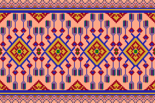 Pixel Tribal Textile. Traditional Southeast Asian inspired textile in Coral Sapphire Amber tones, pixel-style tribal pattern for fabric design, ethnic fashion, or cultural artwork projects.