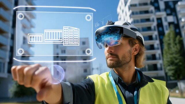 Construction worker using AR helmet for structural plans analysis