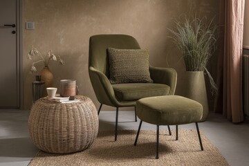 Cozy corner with olive green velvet armchair, ottoman, and wicker side table