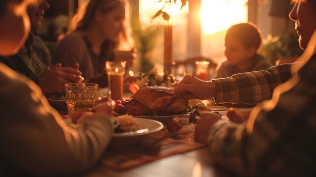 Family sharing meal at sunset during cozy holiday dinner