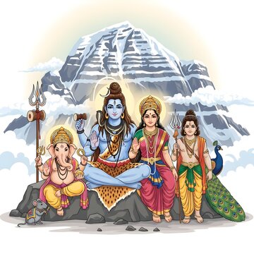 Lord Shiva's Family Illustration with Ganesha, Parvati, and Kartikeya on Mount Kailash