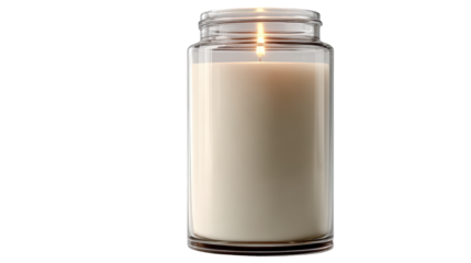 Lit Cream-Colored Candle in Clear Glass Jar.