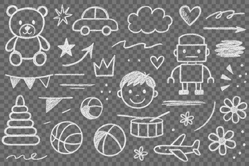 Chalk style children drawings seamless pattern featuring a teddy bear a car a crown heart robot airplane drum flower star cloud and many other cute objects vector image