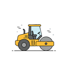A vibrant illustration depicts a yellow road roller, a construction vehicle used for compacting surfaces, set against a clean white background, for design use.