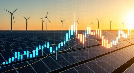 Financial Stock Market Charts Overlay on Solar Panels and Wind Turbines at Sunrise – Renewable Energy Investment Concept