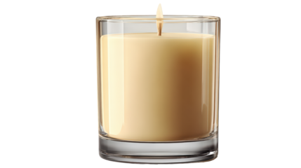 Lit Beige Candle in Glass: Warm Glow Relaxing Ambiance Elegant Design.