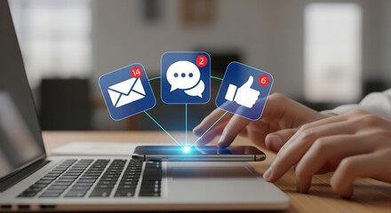 Mobile Notifications Concept — Hands Holding Smartphone with Holographic Email, Chat and Like Icons