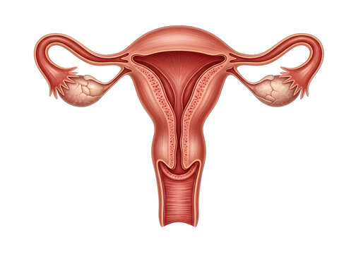Detailed anatomical illustration of female reproductive system showing ovaries, fallopian tubes, uterus, and cervix
